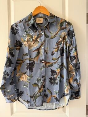 Elie Tahari Dusty Blue Floral Satin Button-Front Shirt